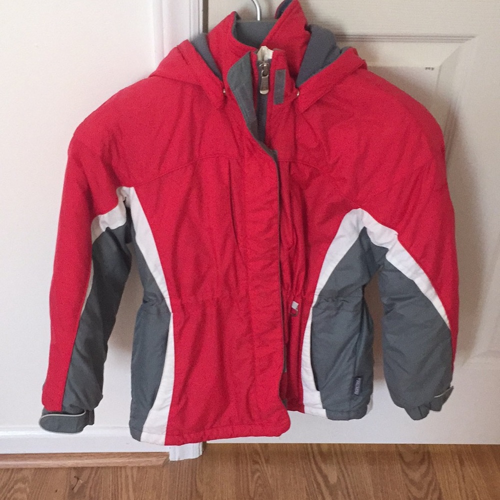 Red white and gray rain coat
